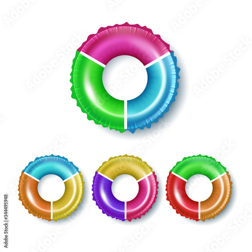 Flotation Ring For Swimming Pool Tool Set Vector. Collection Of Different Multicolored Emergency Flotation Hoop, Children Safe Life Equipment For Swim In Pool. Template Realistic 3d Illustrations