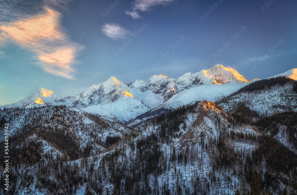 Panorama na Tatry Wysokie z Rusinowej Polany po zachodzie słońca