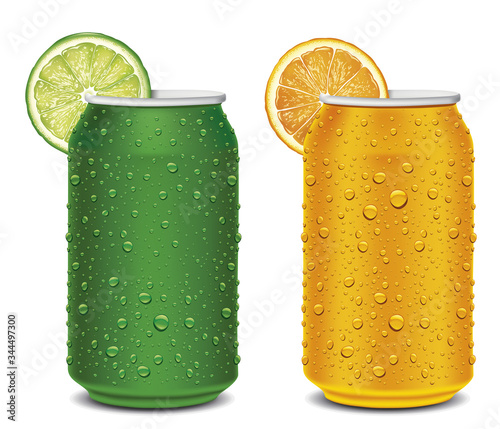 Lime and Orange juice can with many juice drops, fruit slices	