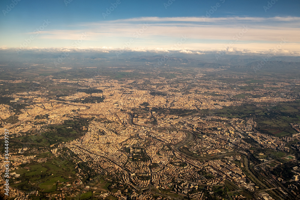 Aerial View Of Rome, Italy From Window Of Airplane At Day.