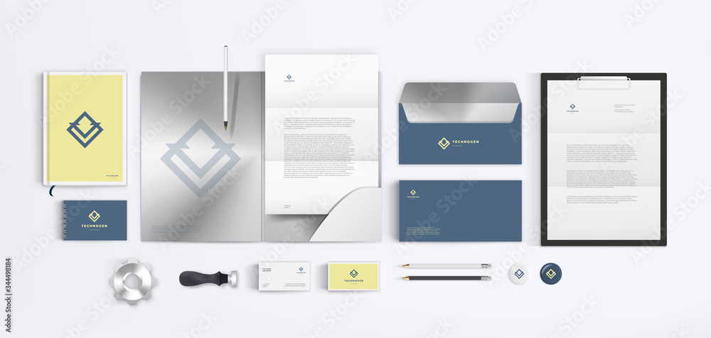Vector corporate branding for technical company with blue geometrical logo and bright yellow background. Stationery mockup template set.