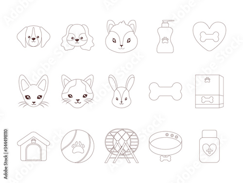 set of icons with domestic animals and accessories, line style icon