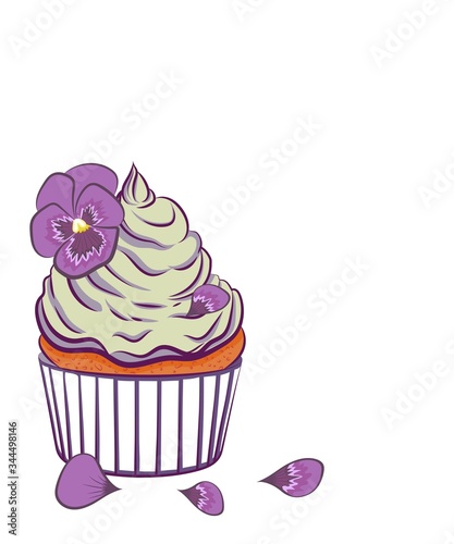  Cupcake with a flower. Color image of a cupcake that is decorated with an edible flower and petals on a white background. There is a place for text. Design element. Vector illustration.