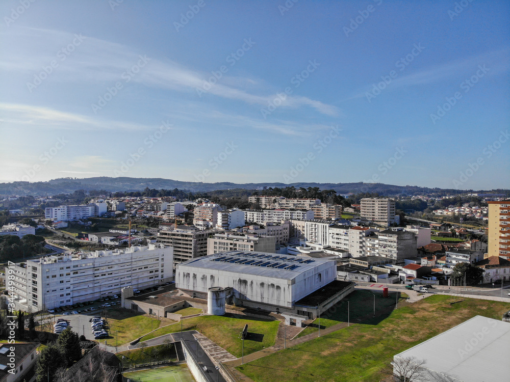 Aerial view - The Pavilhão Desportivo Municipal  (Municipal Sports Pavilion) in Santo Tirso, Portugal.