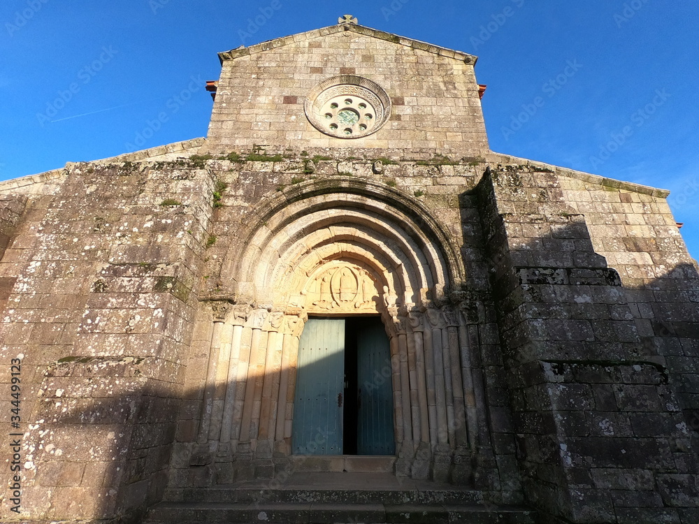 Main facade of the old church of the Monastery of Rates. Benedictine monastery located in the parish of Rates in the municipality of Povoa de Varzim, in Portugal. 