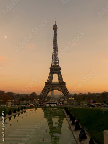 Eiffel tower at sunset viewed from Jardins du Trocadero in Paris, France.