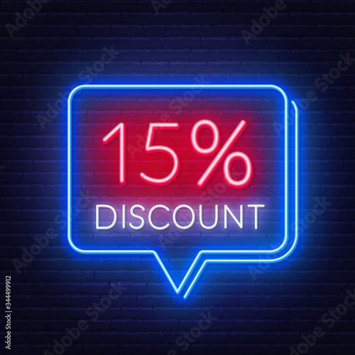 15 percent discount neon sign on brick wall background. Vector illustration