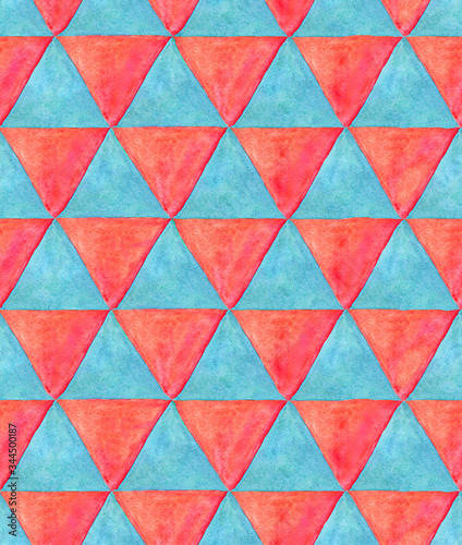 Triangles seamless pattern multicolored background. Watercolor and photo for wrapper, cloth, fabric.