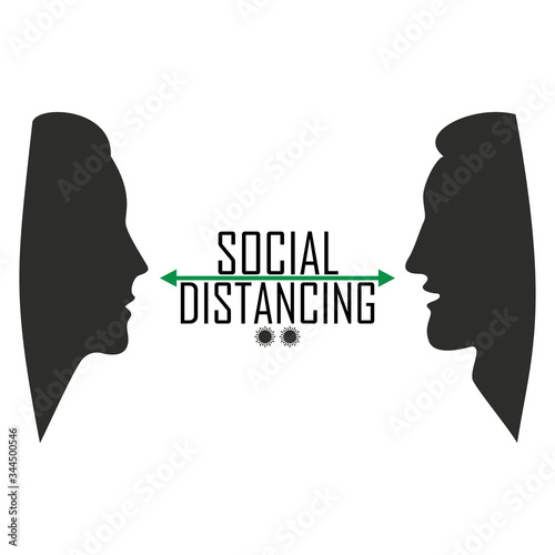 Social distancing. Man and woman silhouettes communicate without masks with coronavirus bacteria. Virus infection process covid-19. Health care concept.