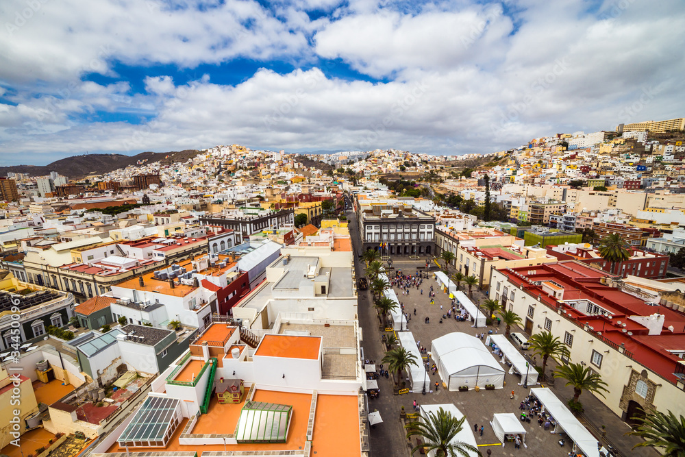 View over Las Palmas de Gran Canaria from the Cathedral of Santa Ana on a cloudy day, Canary Islands, Spain
