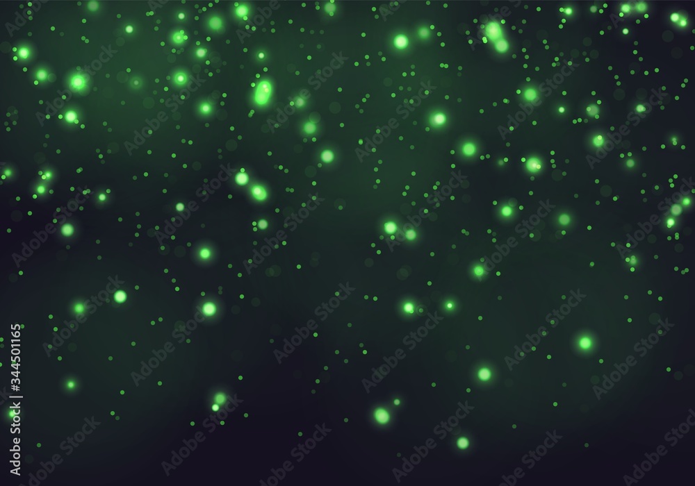 Green bokeh light background. Sparkle effect with particles. Magic overlay dust. Glitter blur texture.