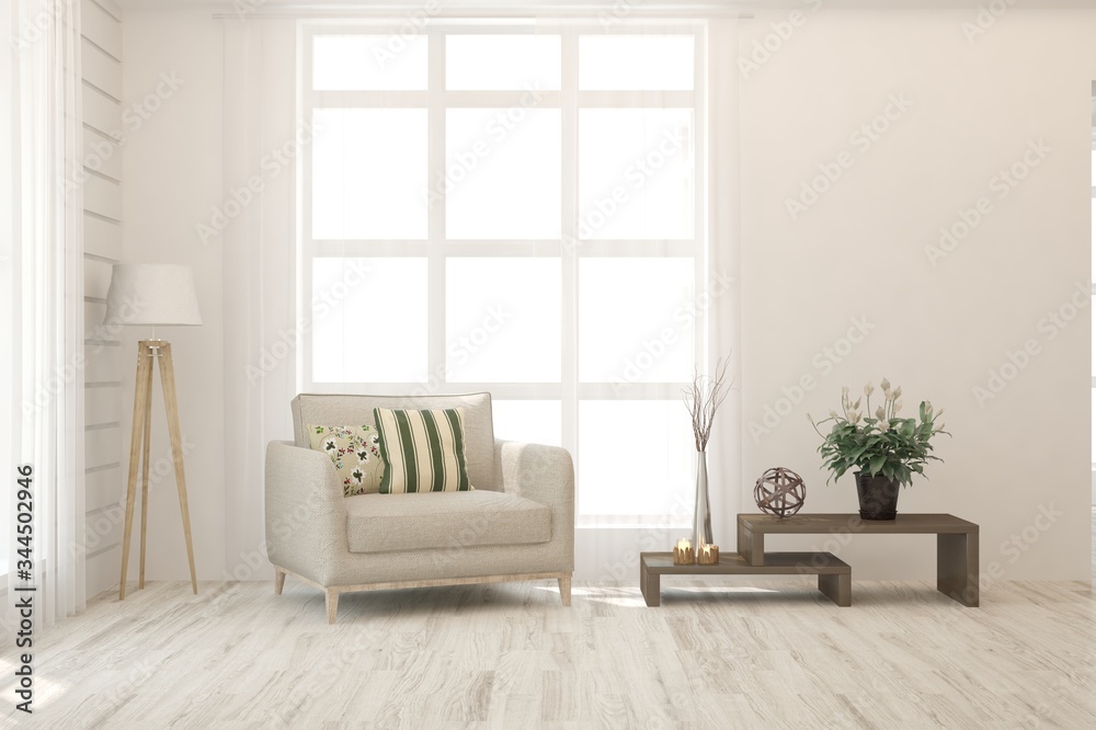 Fototapeta premium White living room with armchair. Scandinavian interior design. 3D illustration