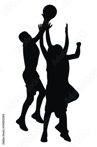 Vector silhouette of athletic basketball players jumping to score a shot in ball game  group of male athletes scoring a ball to win a competition