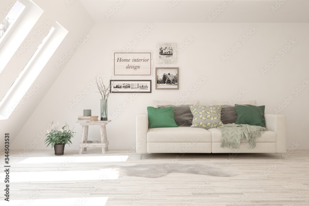 White living room with sofa. Scandinavian interior design. 3D illustration White living room with sofa. Scandinavian interior design. 3D illustration