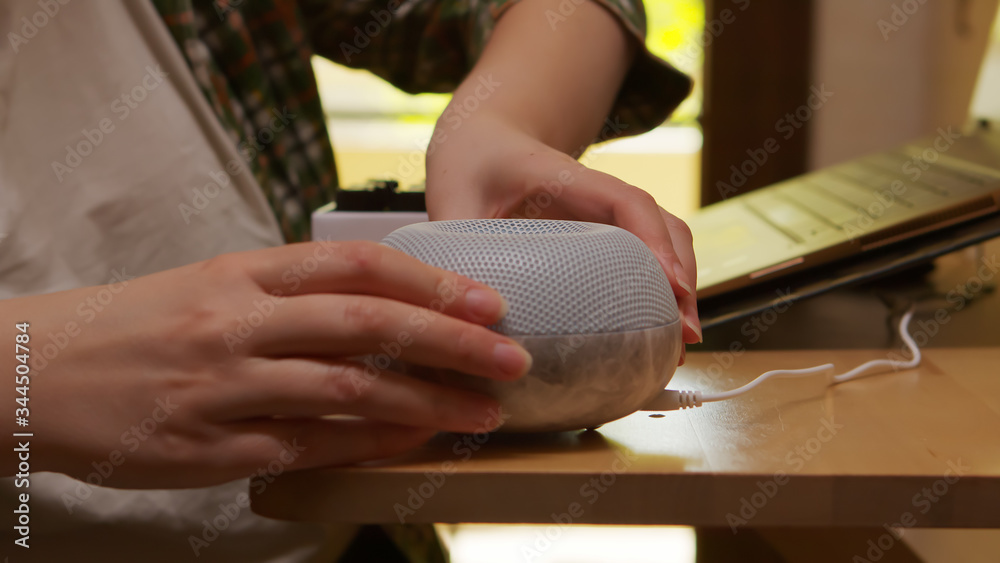Obraz premium Female freelancer in kitchen turning on essential oil diffuser.