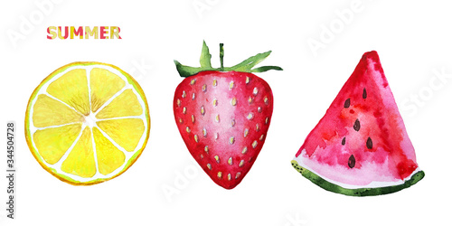 Fototapeta Naklejka Na Ścianę i Meble -  Fruit set. Set of red watermelon slice, lemon slice, strawberry. Fresh Summer watercolor illustration. Fruit isolated on white