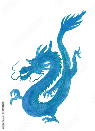 blue dragon painted by paint isolated on a white background. Asian, chinese, japanese dragon isolated on white background.