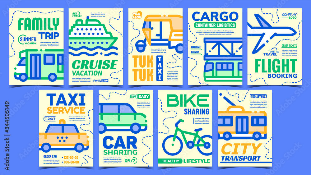 Public Transport Advertising Posters Set Vector. Collection Of Car And Bike Sharing, Taxi And Trolleybus, Airplane And Cruise Liner Ship Concept Template Stylish Colorful Illustrations
