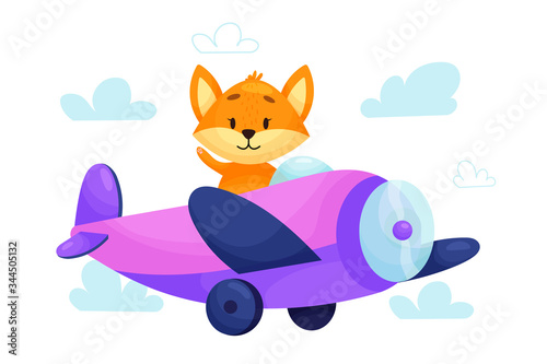 Fox pilot is flying on plane through the clouds. Cute cartoon vector illustration for children on white isolated background.