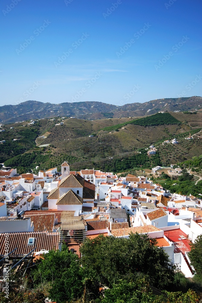 View of village and surrounding countryside, Frigiliana, Andalusia, Spain.