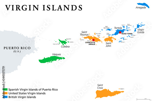 Virgin Islands map with political jurisdictions. British, Spanish and U.S. Virgin Islands in the Caribbean. British overseas territory and unincorporated territories of the USA. Illustration. Vector.