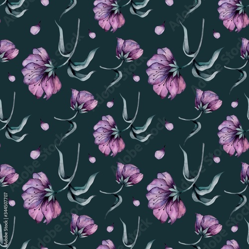 Watercolor seamless pattern with purple flowers, perfect for fabric and packaging paper, cards and invitations.