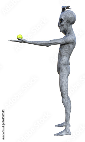 Illustration of gray skinned alien looking at a green apple
