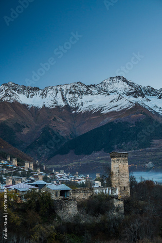 Svan tower on a background of mountains