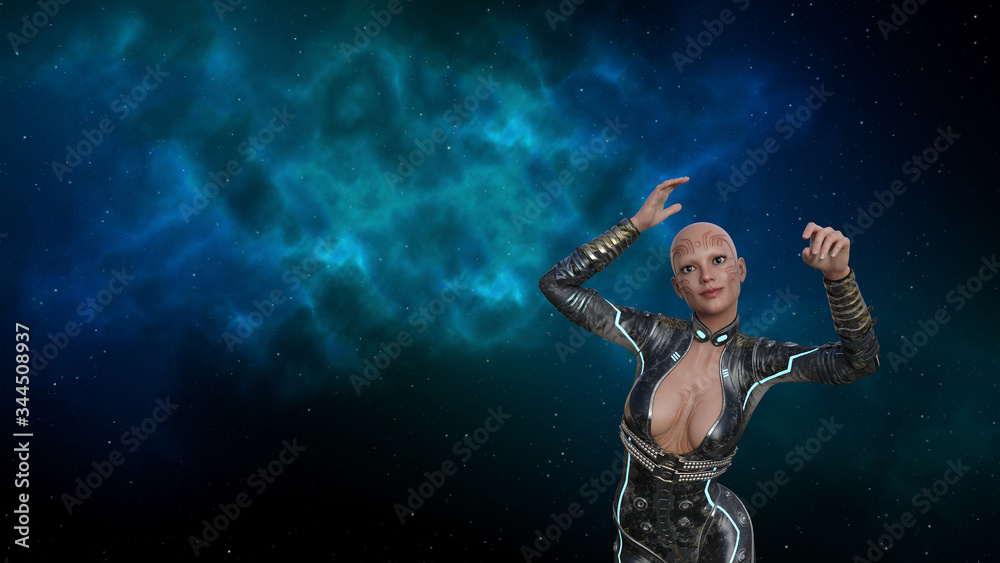 Illustration of a bald alien woman dancing with a nebula in the background.