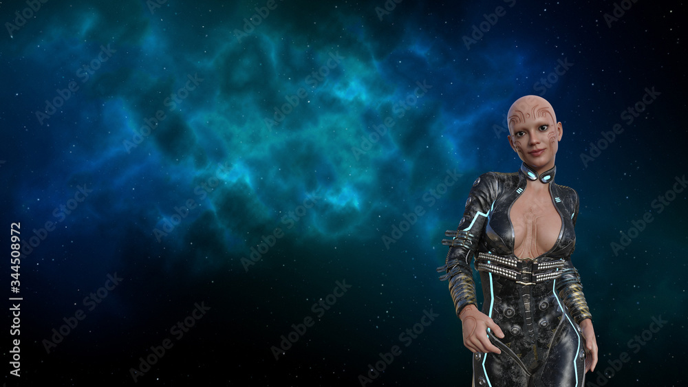 Illustration of a bald alien woman with a nebula in the background.