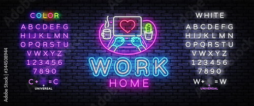 Work Home Neon concept coronavirus COVID-19. The company allows employees to work from home to avoid viruses. Vector illustration. Editing text neon sign