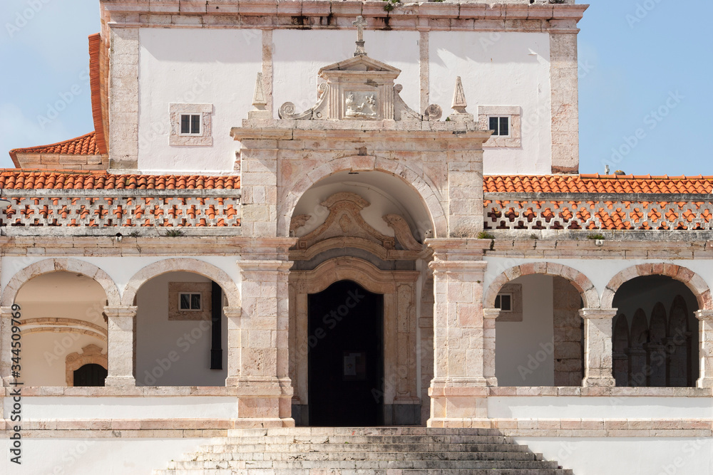 pink marble facade of church at O Sitio Nazare Portugal, sanctuary of our lady of Nazare.  Nossa Senhora da Nazaré