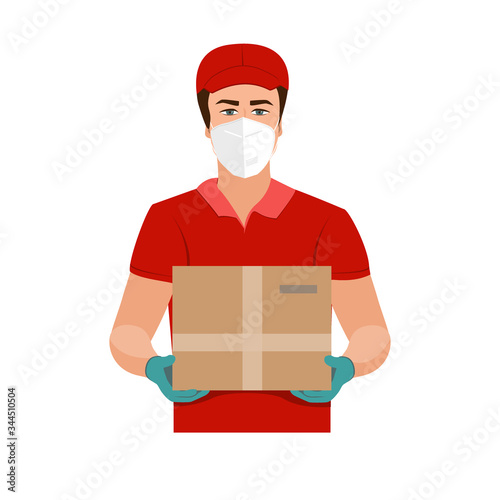 Delivery of goods during the prevention of coronovirus, Covid-19. Courier in a face mask with a box in his hands. Vector flat illustration