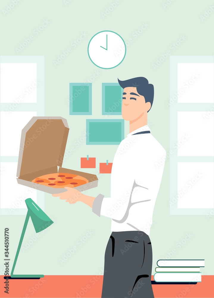 Businessman Cartoon Eating Unhealthy Fast Food at Office Work Place.  Vector flat style cartoon illustration
