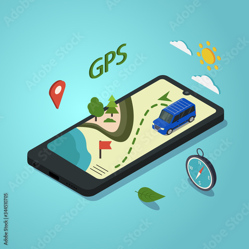 Smartphone in isometry with GEO-location map . The concept of mobile GPS navigation, camping. The minibus rides on the map, next to the compass.