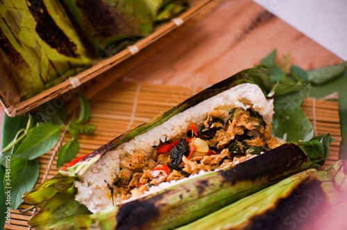 Traditional Indonesian food on a leaf