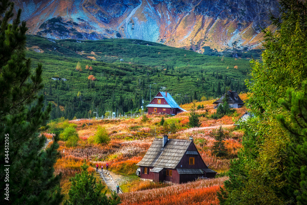 Szałasy na Hali Gąsienicowej w Tatrach w kolorach jesieni - obrazy, fototapety, plakaty 