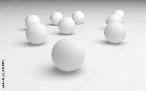 White abstract background. Set of white balls isolated on white backdrop. 3D illustration