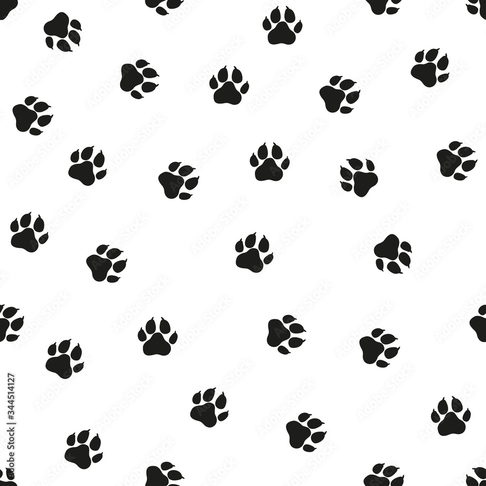 Fototapeta premium Psy łapy ślady ilustracja. Czarne znaczki na białym tle. Wzór. Do logo, tapet, tkanin, opakowań, opakowań, scrapbookingu, papieru cyfrowego