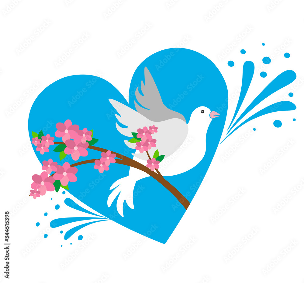 white dove of peace with a flowering branch of pink flowers. dove on a blue background heart shaped. holiday card May 1 Labor Day and Spring
