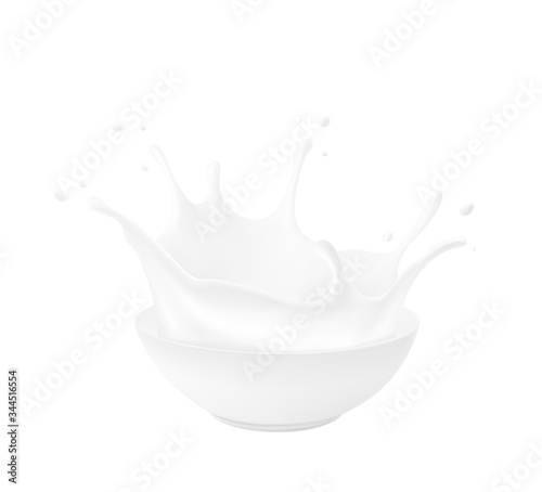 Bowl with milk splashes and drops isolated on white background. Vector illustration. Can be use for your design. EPS10.