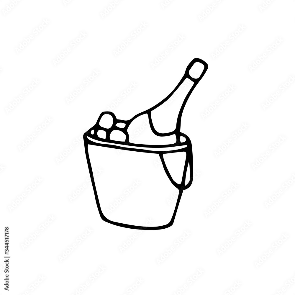 Champagne bottle in ice bucket. Simple doodle icon. Vector hand drawn illustration Champagne bottle in ice bucket. Simple doodle icon. Vector hand drawn illustration