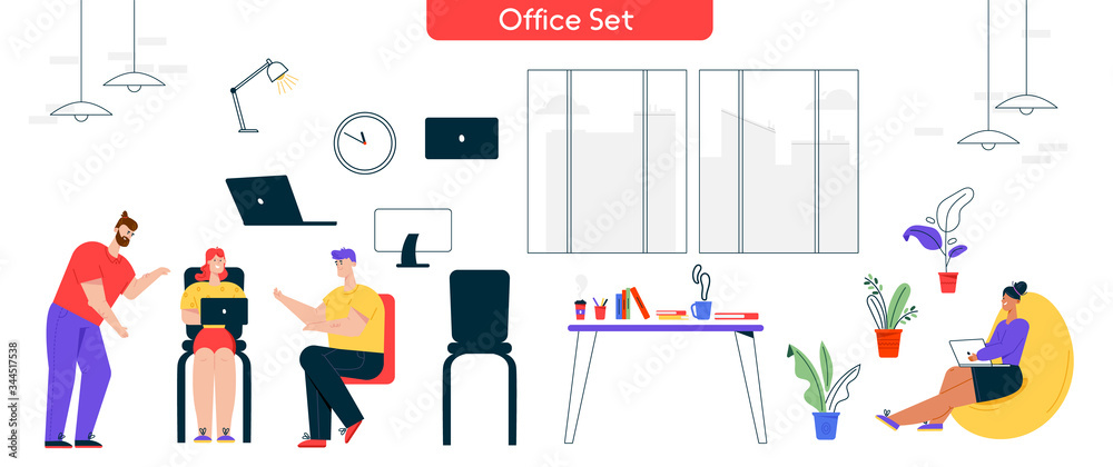 Vector character illustration of work process at office set