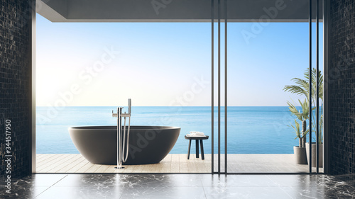 Black bathtub on wooden floor terrace of infinity pool in modern beach house or luxury villa. Elegance home interior 3d rendering with sky and sea view.
