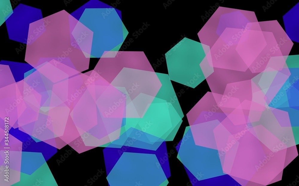 Multicolored translucent hexagons on dark background. Pink tones. 3D illustration Multicolored translucent hexagons on dark background. Pink tones. 3D illustration