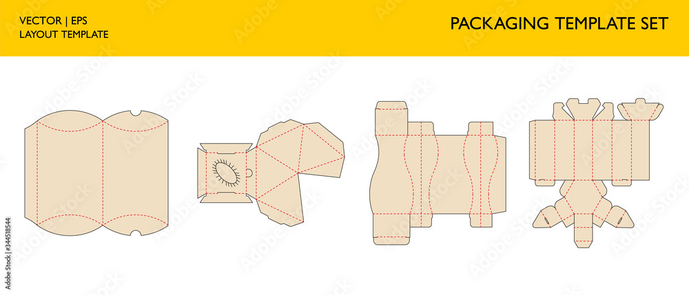 Packaging box template set. Editable blueprint layout. Cutting and scoring lines. Retail packaging with different shape. Mockups technical drawing.