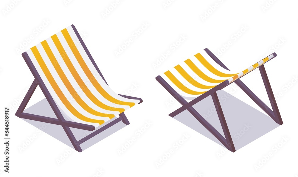Beach chair isometric in various foreshortening isolated on white. Yellow and white fabric stripes. Beach chair isometric in various foreshortening isolated on white. Yellow and white fabric stripes.