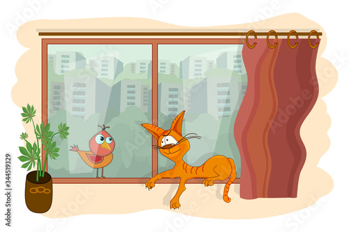 Cat on the windowsill. Cat sitting on windowsill inside and looks out the window at a bird. Corona virus campaign - Stay home. Social distancing. Self isolation from society. Stock vector illustration