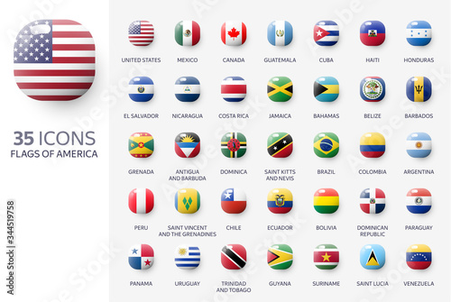 Realistic 3d glossy icons of Nort and South America countries, American flags. Vector illustration		
