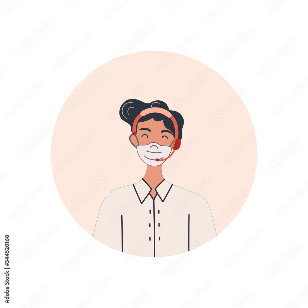 Air traffic controller. The man waring a mask and headset. ATC, call center. Illustration vector style.
